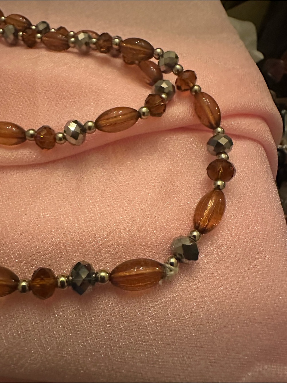Amber Glass Bead Necklace with Hematite Accents - Womenโs Jewelry